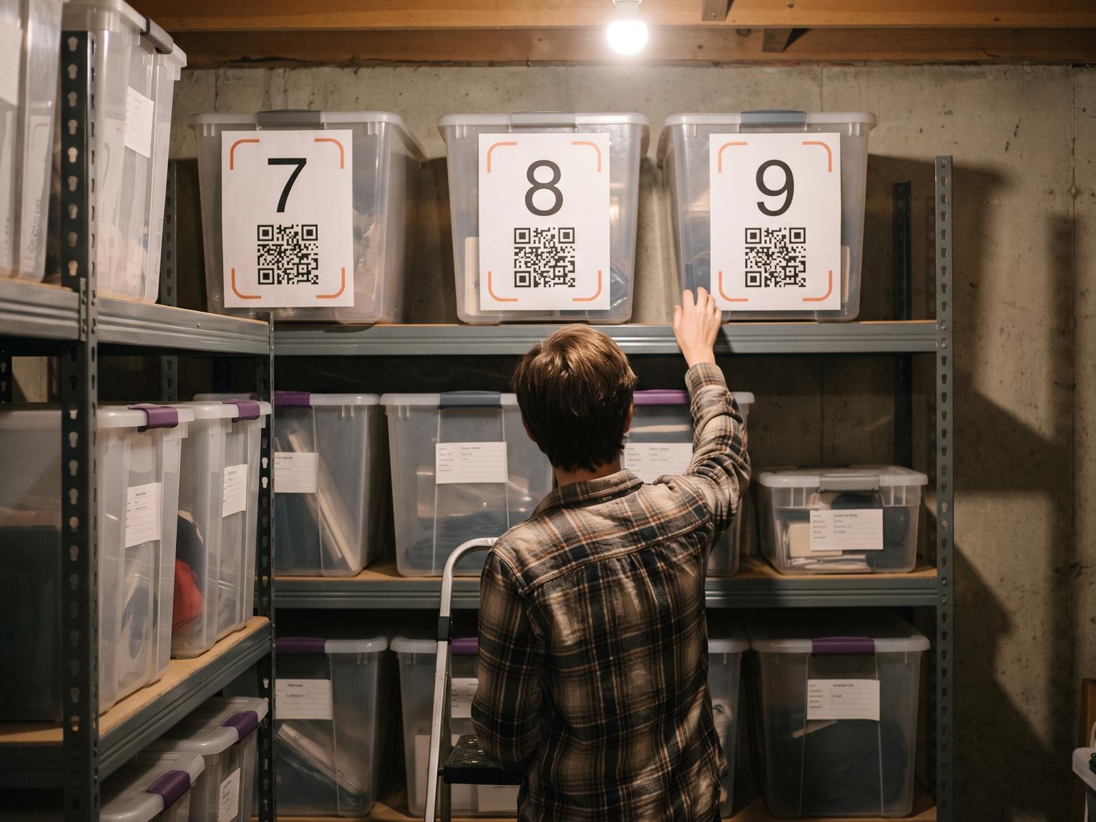 Seen from behind, a person on a step stool reaches up to a basement shelf of bins with big labels numbered 7, 8 and 9.