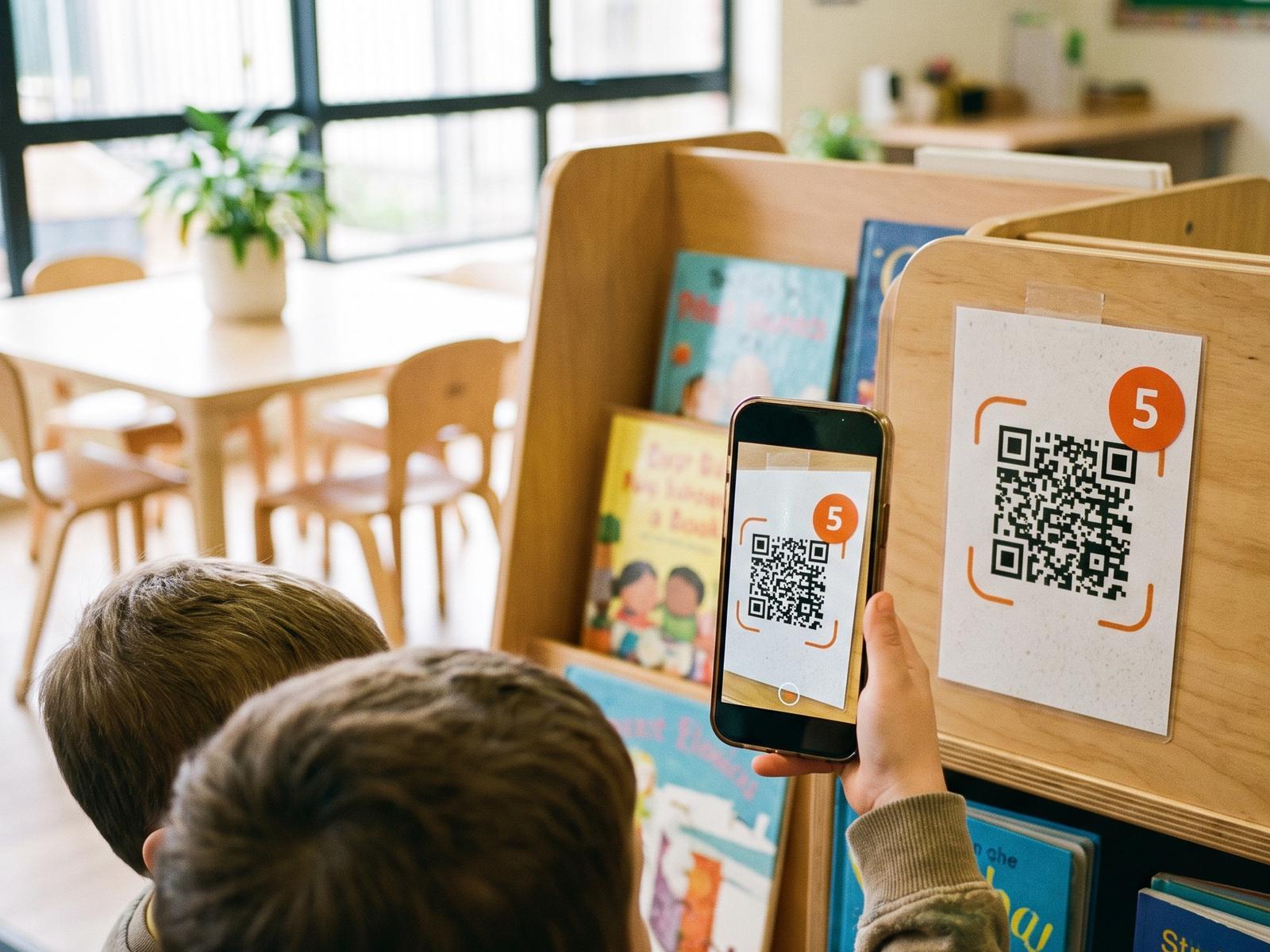 Two pupils seen from behind scan checkpoint 5, a QR code taped to a classroom bookshelf