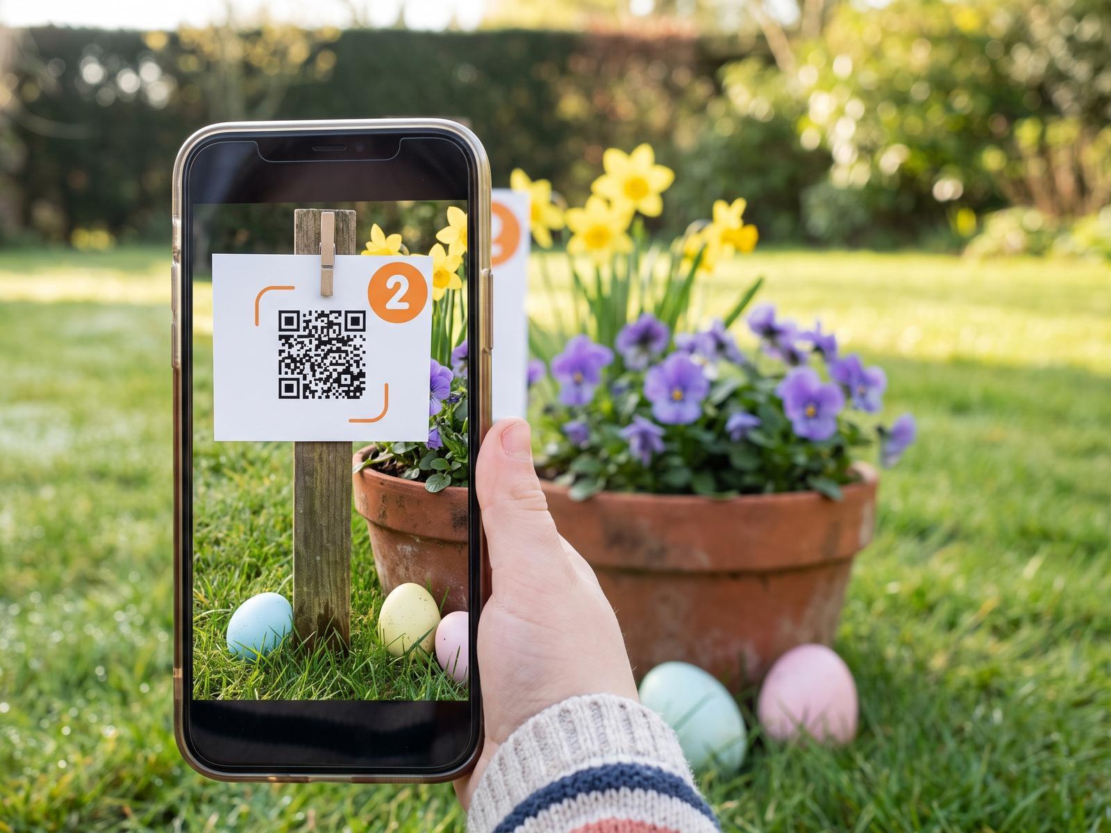 A child’s hand points a phone at checkpoint 2, a QR code card on a stake by Easter eggs in the garden
