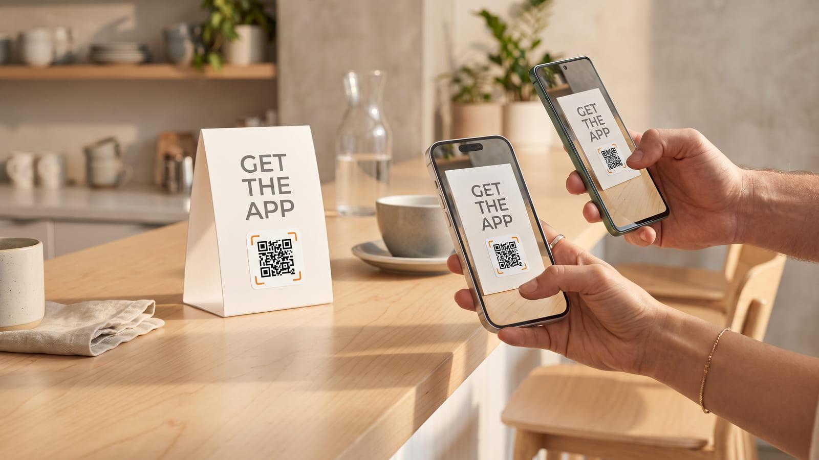 A café table tent reading “GET THE APP” with an app download QR code, scanned at once by an iPhone-style and an Android-style phone.