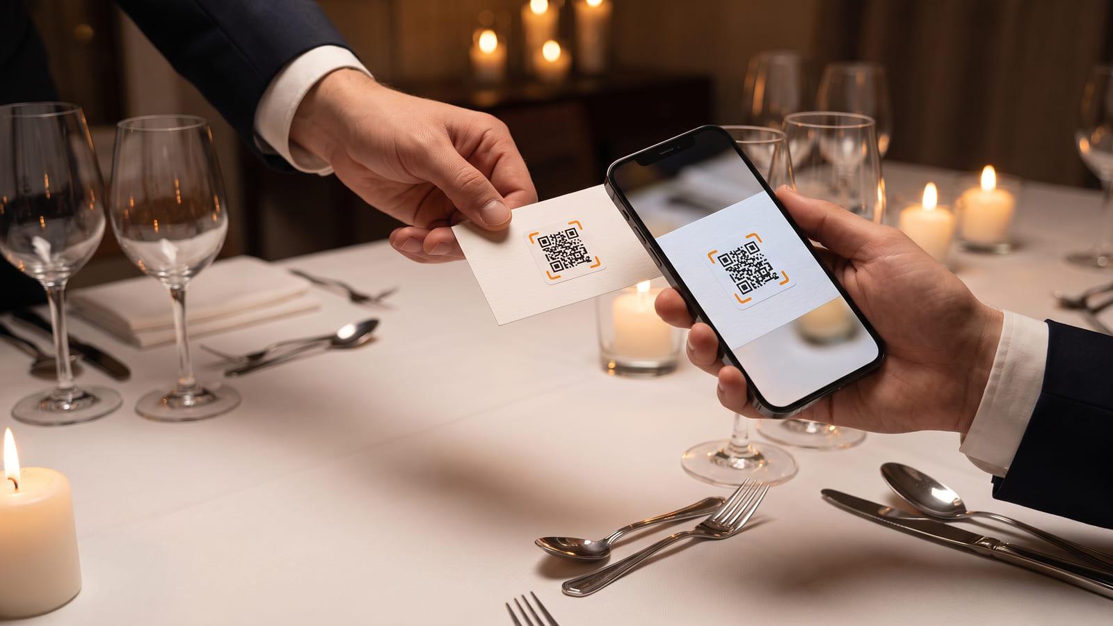 At a candlelit gala table, one guest hands a business card with a call QR code to another, whose phone scans it.