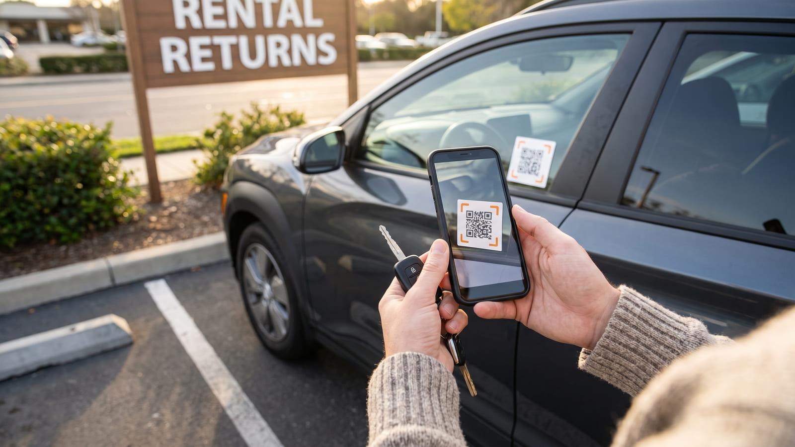 A car rental QR code sticker on a car’s side window beside a “RENTAL RETURNS” sign, scanned by a driver holding the key.