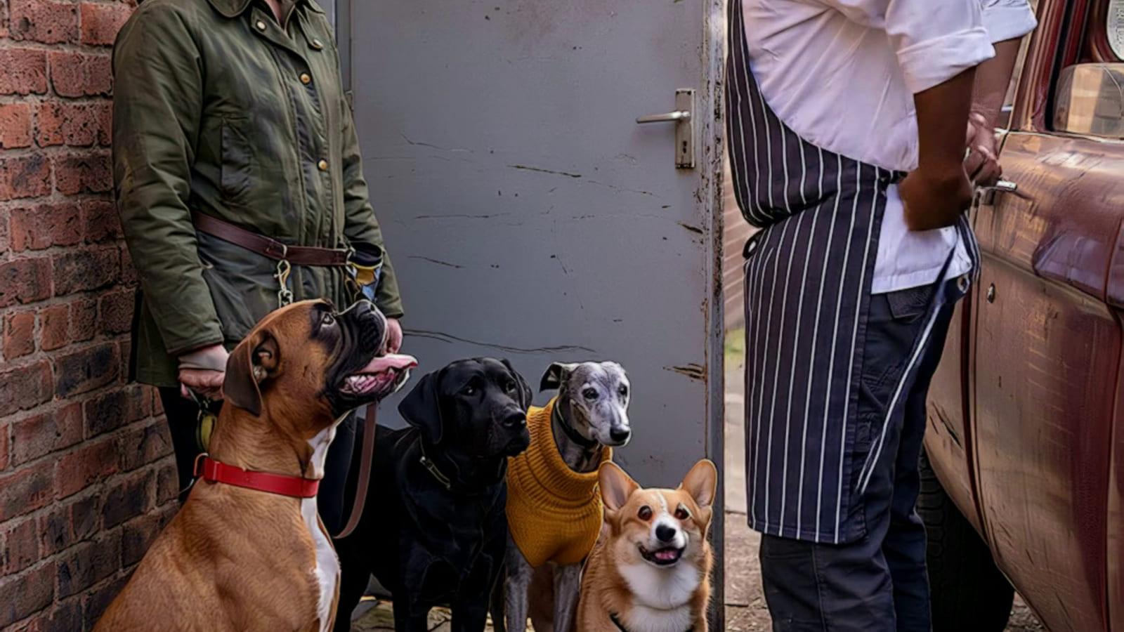 A boxer sits tall at the front of a dog walker’s pack by a kitchen’s back door, looking up at a chef in a striped apron beside his pickup truck, the walker holding the leads.