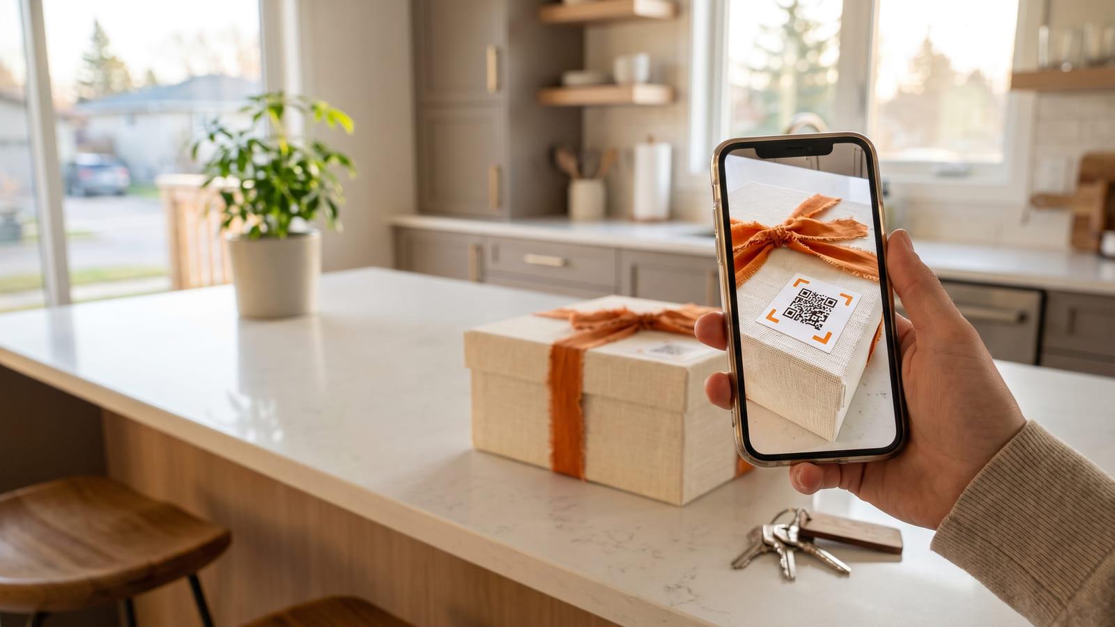 A realtor closing gift box with an orange ribbon and a QR code sticker on a kitchen island, house keys beside it and a phone scanning the code.