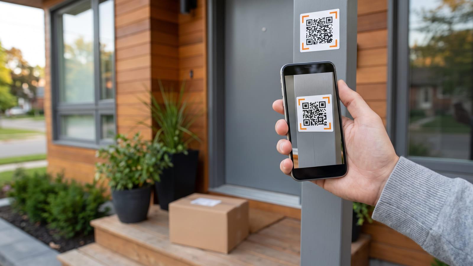 A QR code doorbell sticker on the post beside a front door, scanned by a visitor’s phone, a parcel on the step.