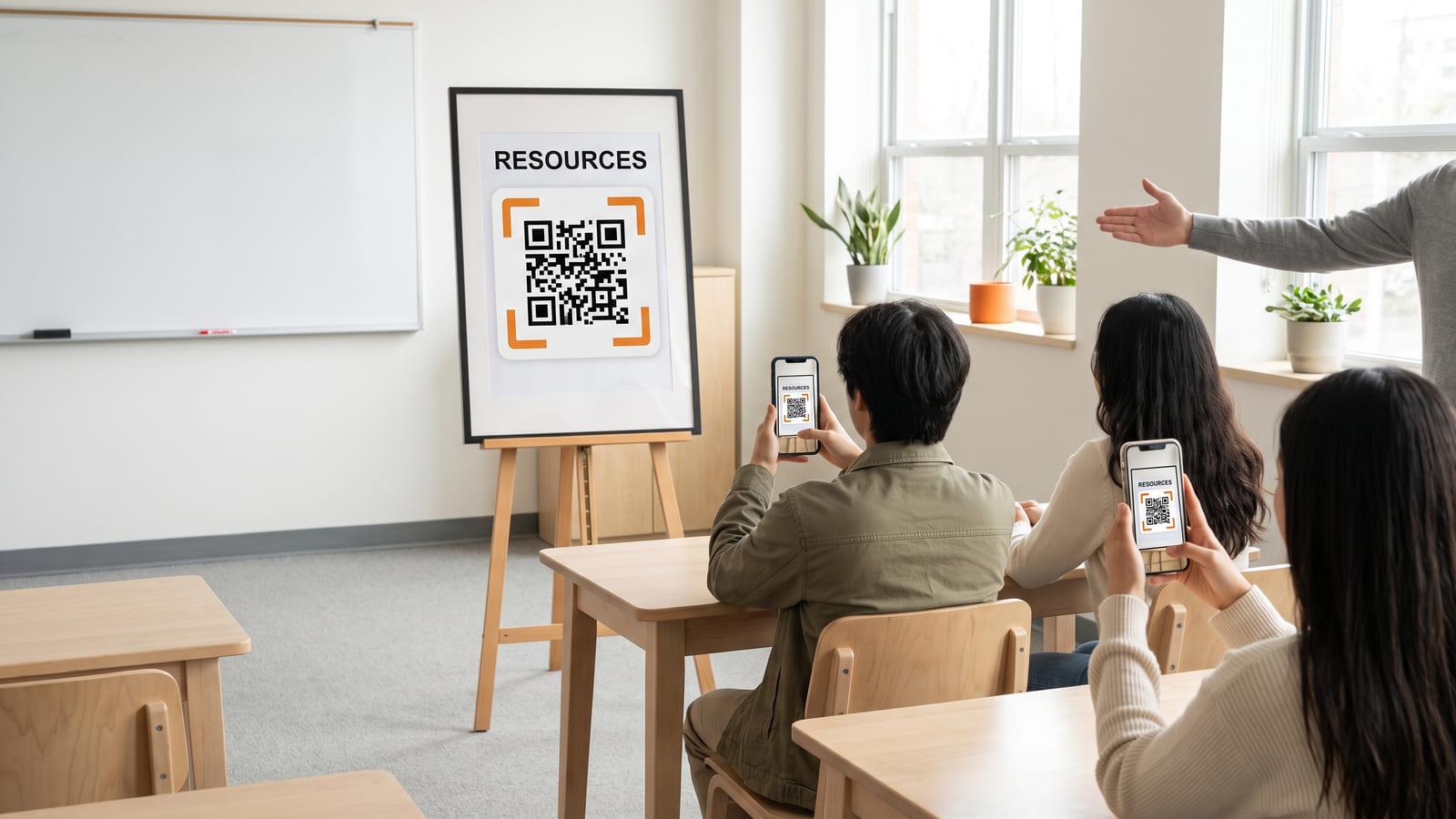 Students in a bright classroom scanning the QR code for the class handouts on an easel poster headed “RESOURCES”.