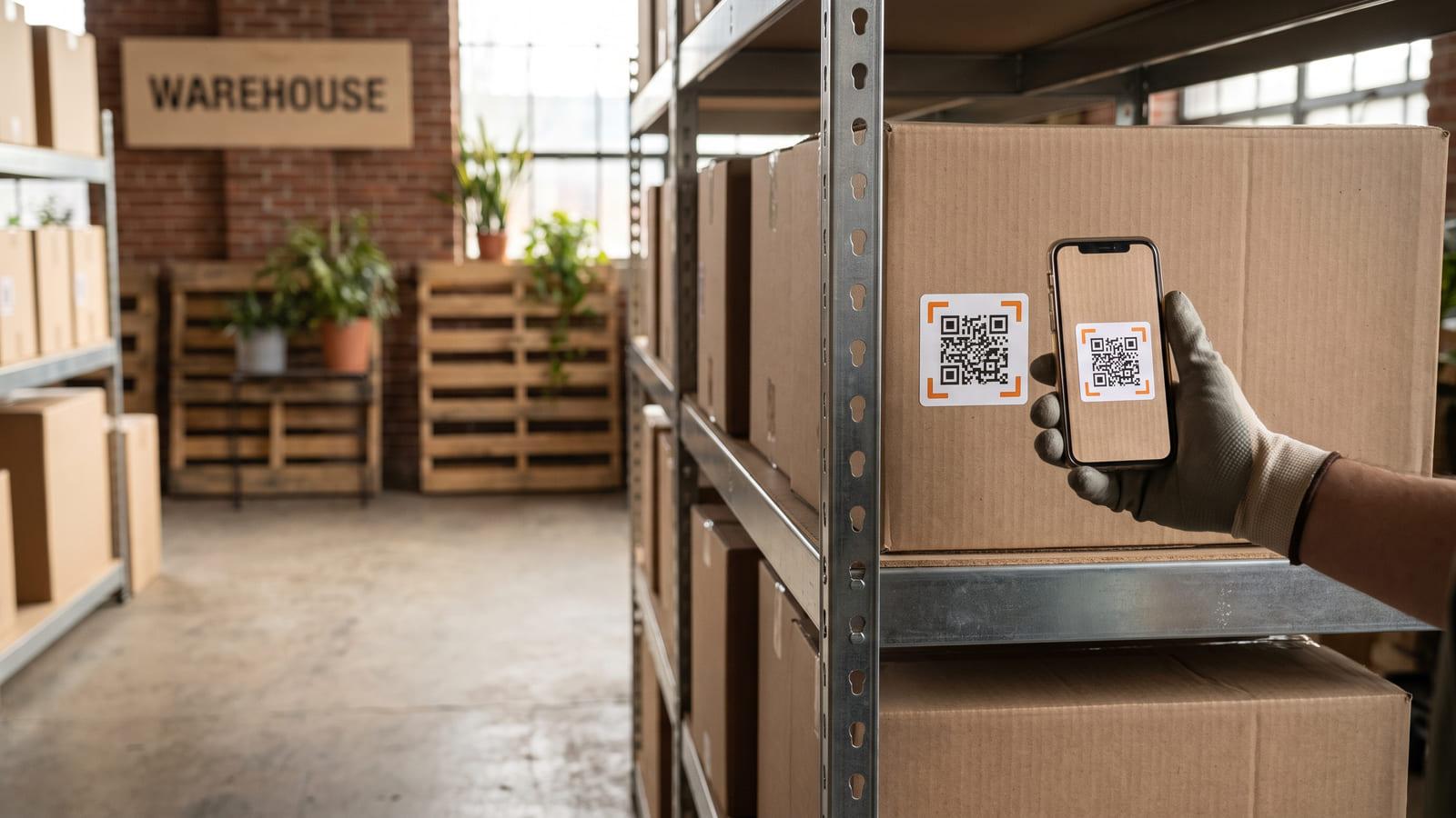 Warehouse shelves of boxed stock with inventory QR code labels, a gloved hand scanning one with a phone.