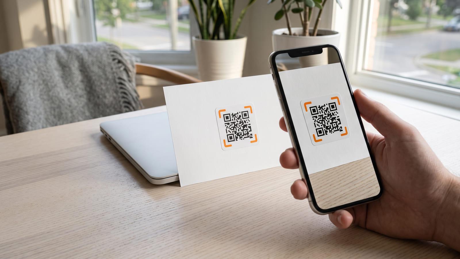 A hand holding a phone up to a white card propped against a laptop, the camera framing the dynamic QR code on its sticker.