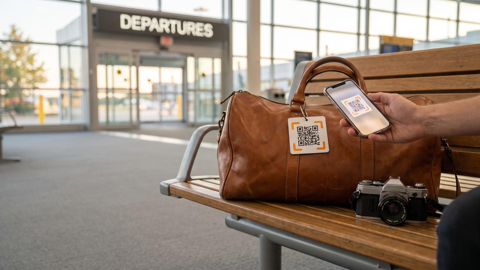 A lost and found QR code tag on a leather bag left on an airport bench by the departures doors, a finder’s phone scanning it.