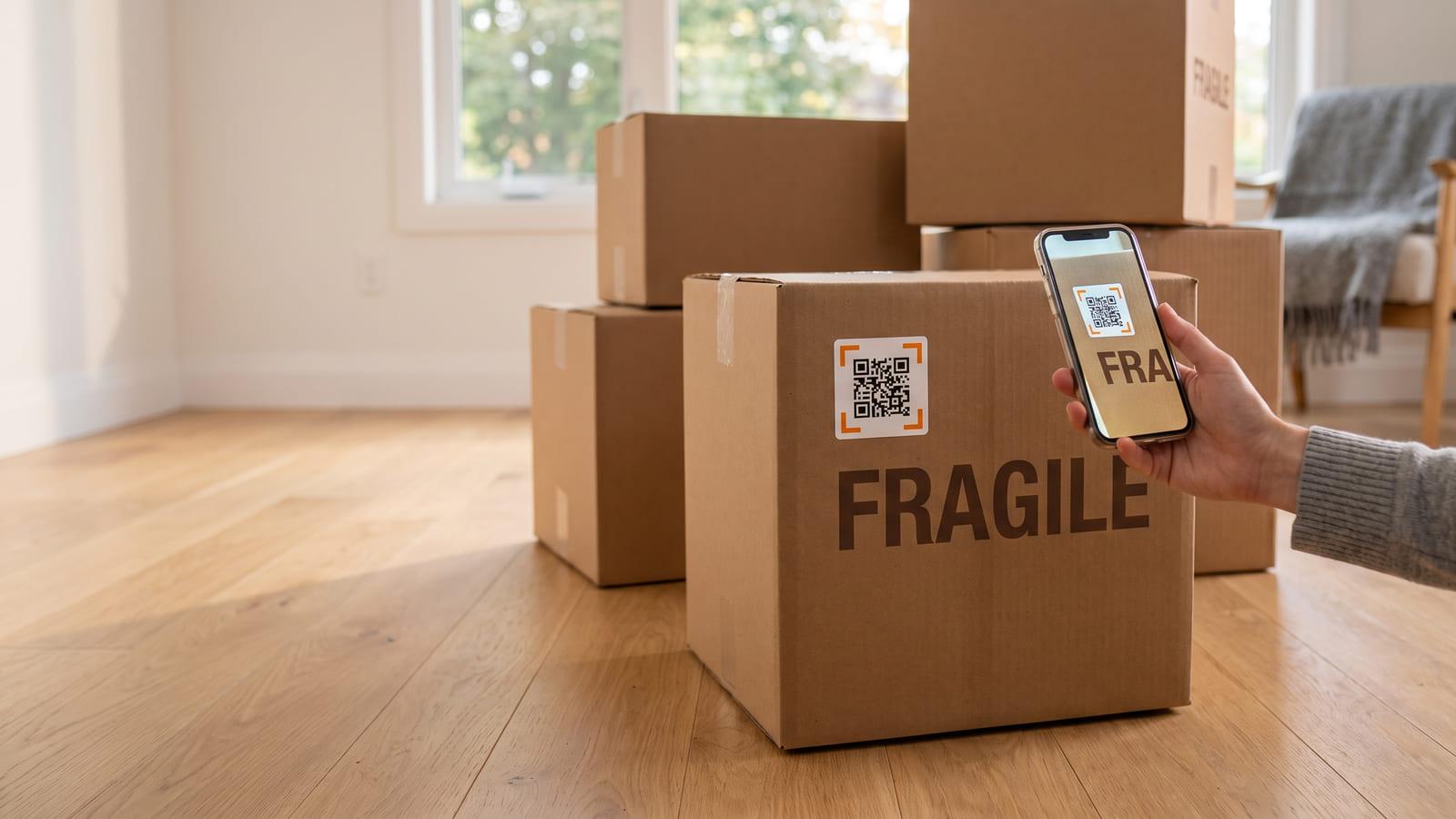 Packed moving boxes in an empty room, one marked FRAGILE with a QR code moving label that a phone is scanning.