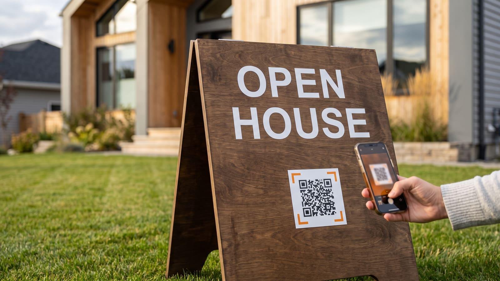 An “OPEN HOUSE” sign with an open house QR code on the lawn of a modern home, a visitor’s phone scanning it.