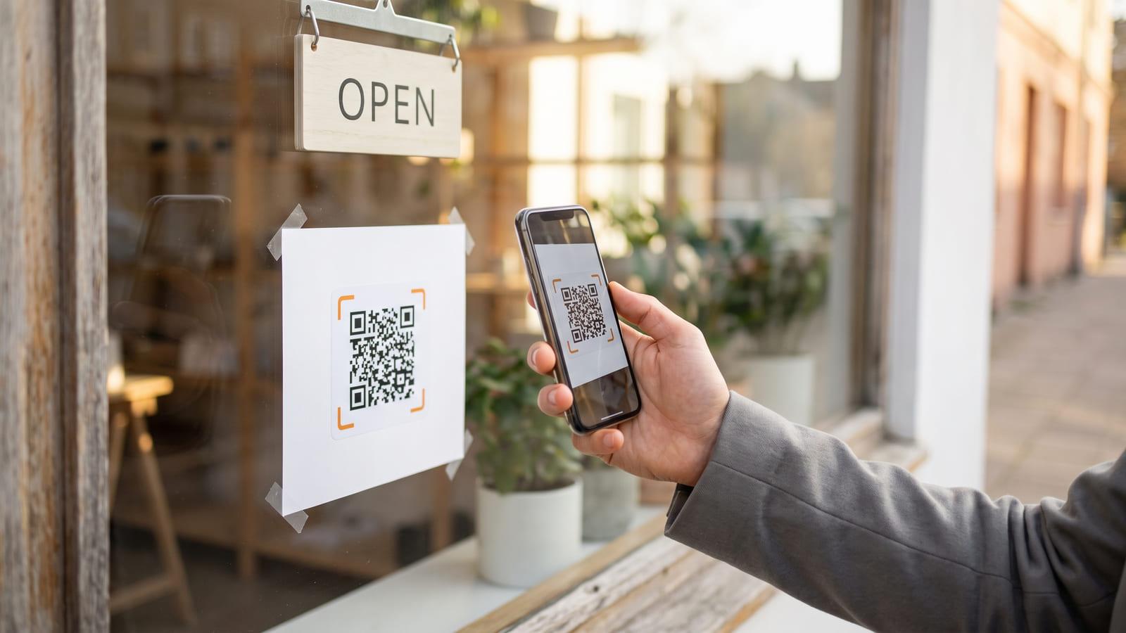 A passer-by scanning a QR code taped to a small shop’s window under its OPEN sign.