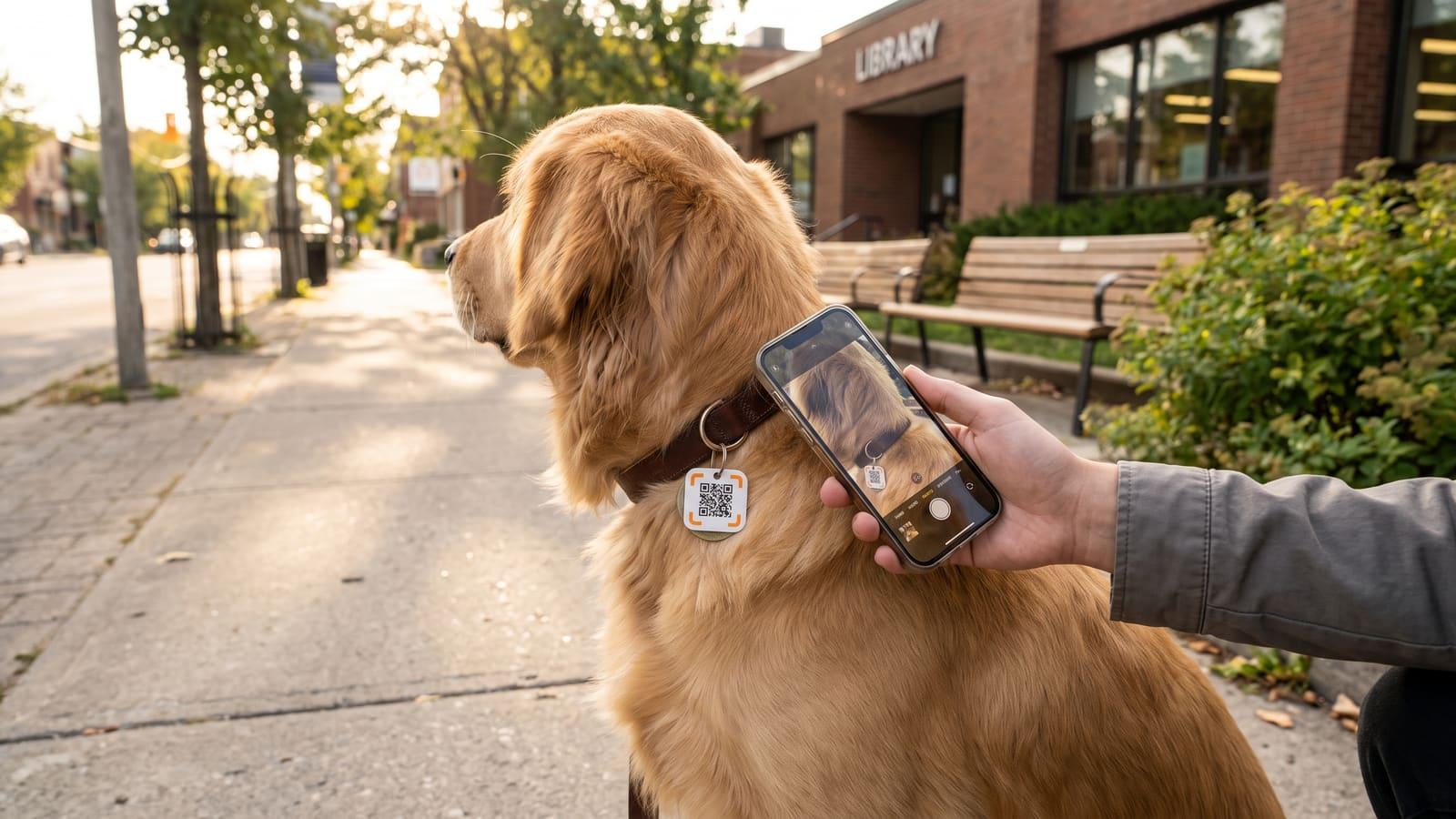 A golden retriever sitting on a sidewalk outside a library, a passer-by’s phone scanning the QR code tag on its collar.