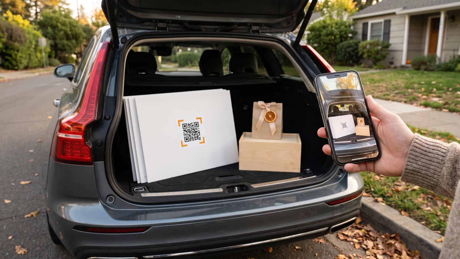 The open trunk of an SUV loaded with signs carrying a real estate QR code and a wrapped gift, a phone scanning a sign outside a house.