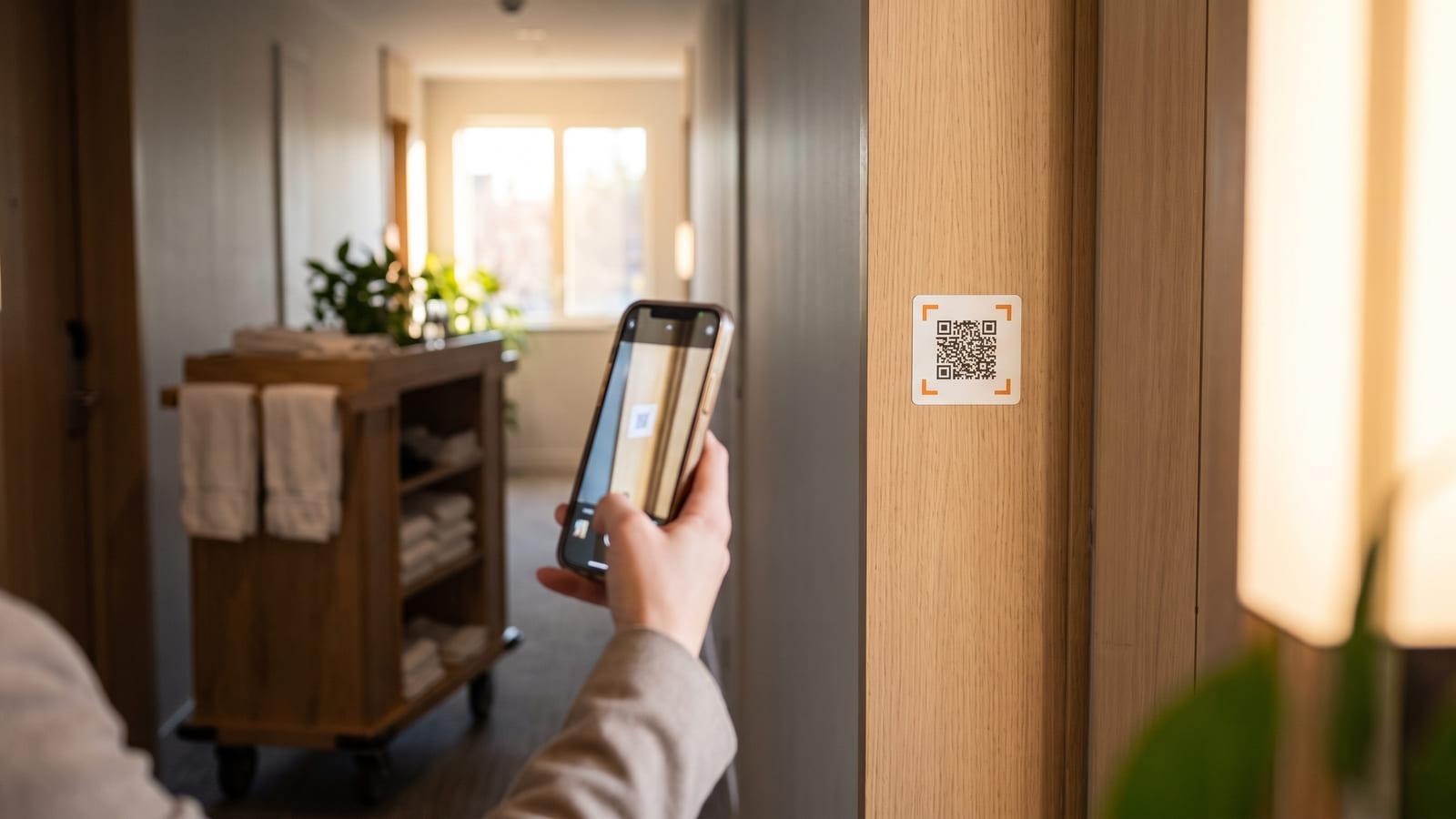 A maintenance request QR code on a hotel room’s door frame, a housekeeping cart of towels in the hall, a phone scanning the code.