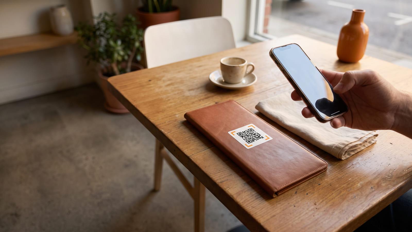 A leather bill folder with a Google review QR code on a café table, a guest holding a phone above it.