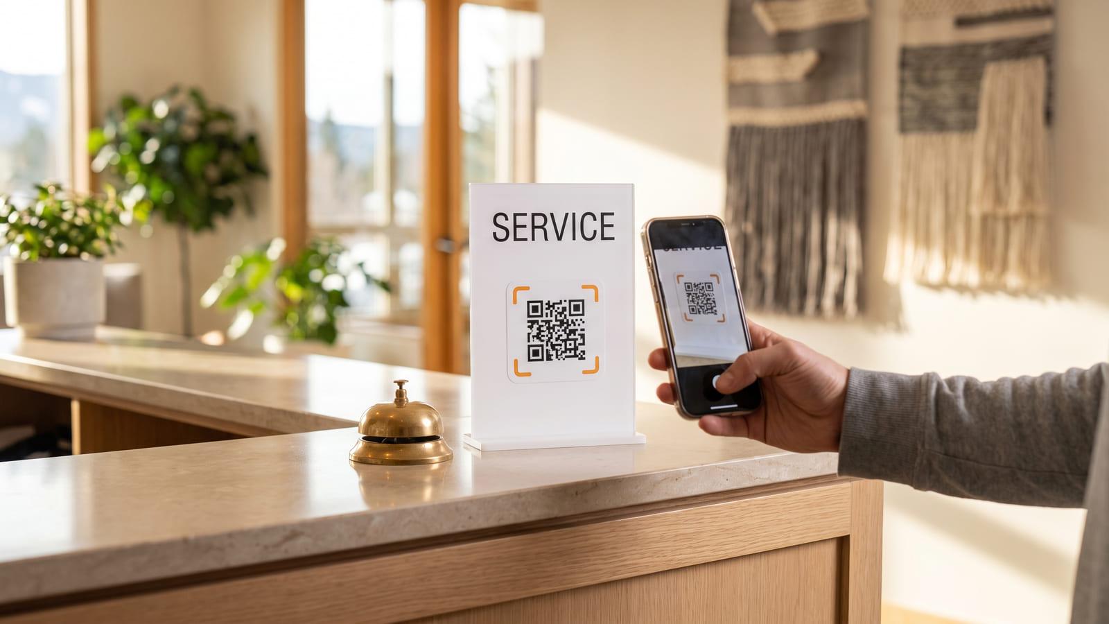 A “SERVICE” sign with a front desk QR code beside a brass bell on an empty counter, a visitor’s phone scanning it.
