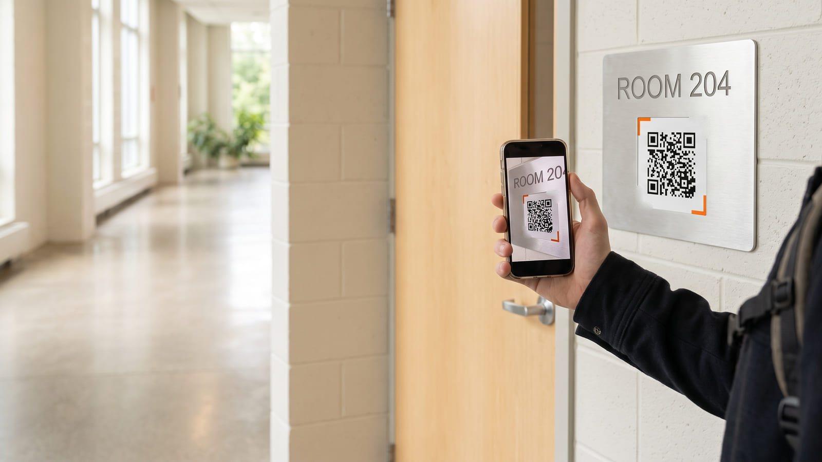 A brushed-aluminium ROOM 204 plate with a QR code beside a classroom door in a sunlit corridor, a student with a backpack holding up a phone that shows the code.