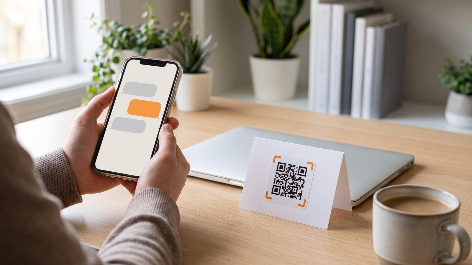 Hands holding a phone open on a social media inbox at a home desk, a QR code table card and a closed laptop beside it.