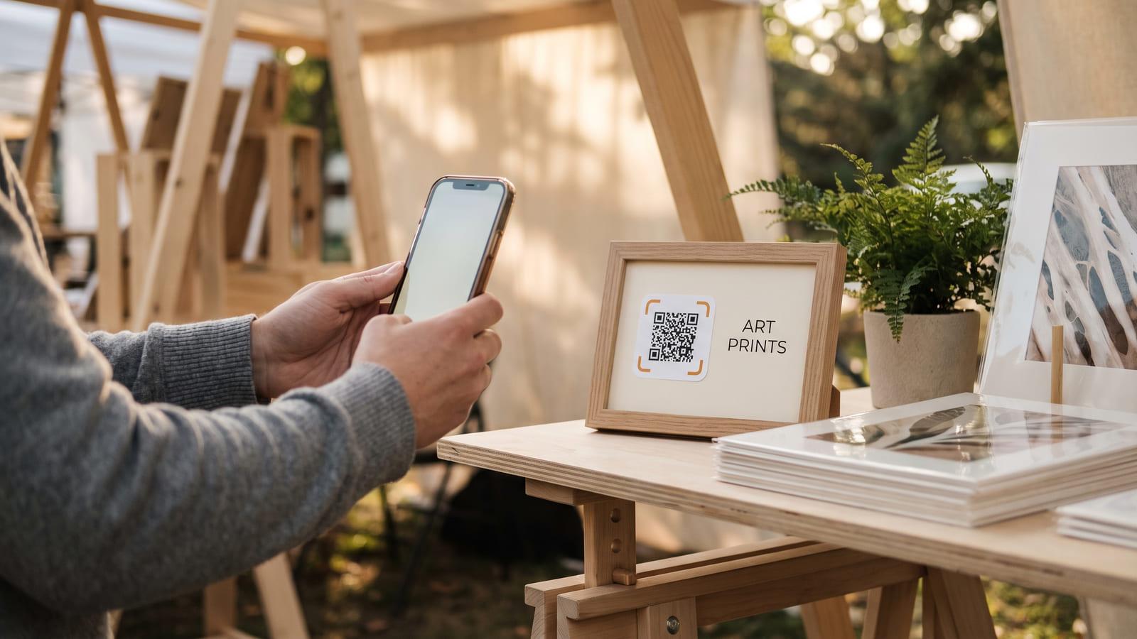 A visitor at an outdoor art-market stall raising a phone to a framed “ART PRINTS” sign with a social media QR code.