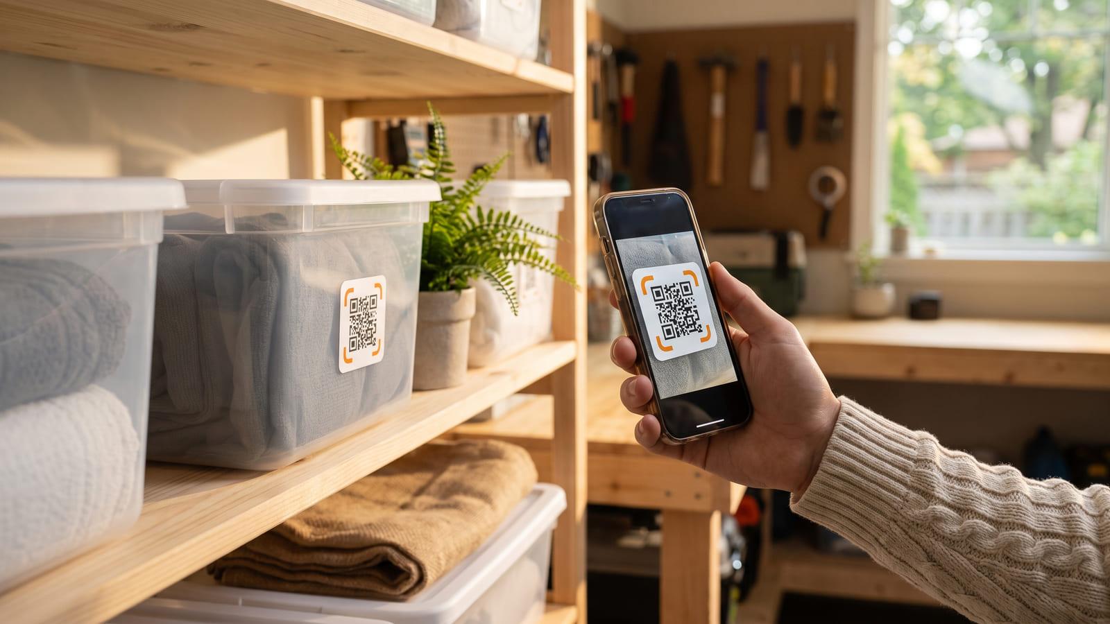 Clear storage bins on garage shelves by a pegboard of tools, a phone scanning the QR code label on one.
