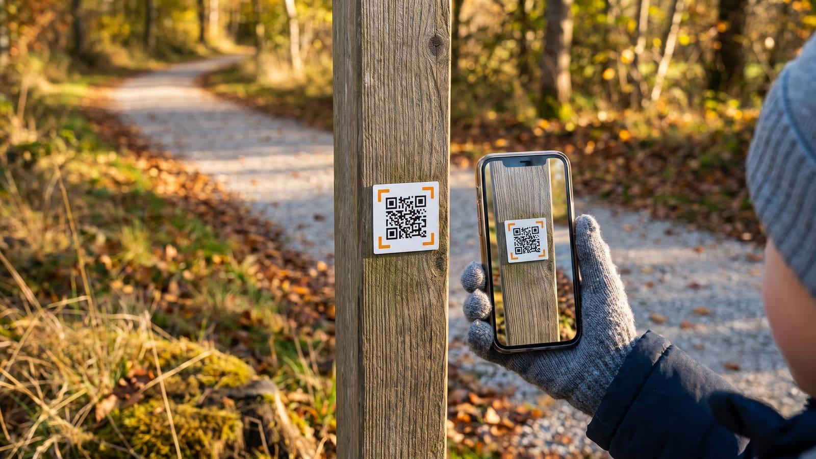 A QR code scavenger hunt clue on a wooden post beside an autumn trail, a gloved hand scanning it with a phone.