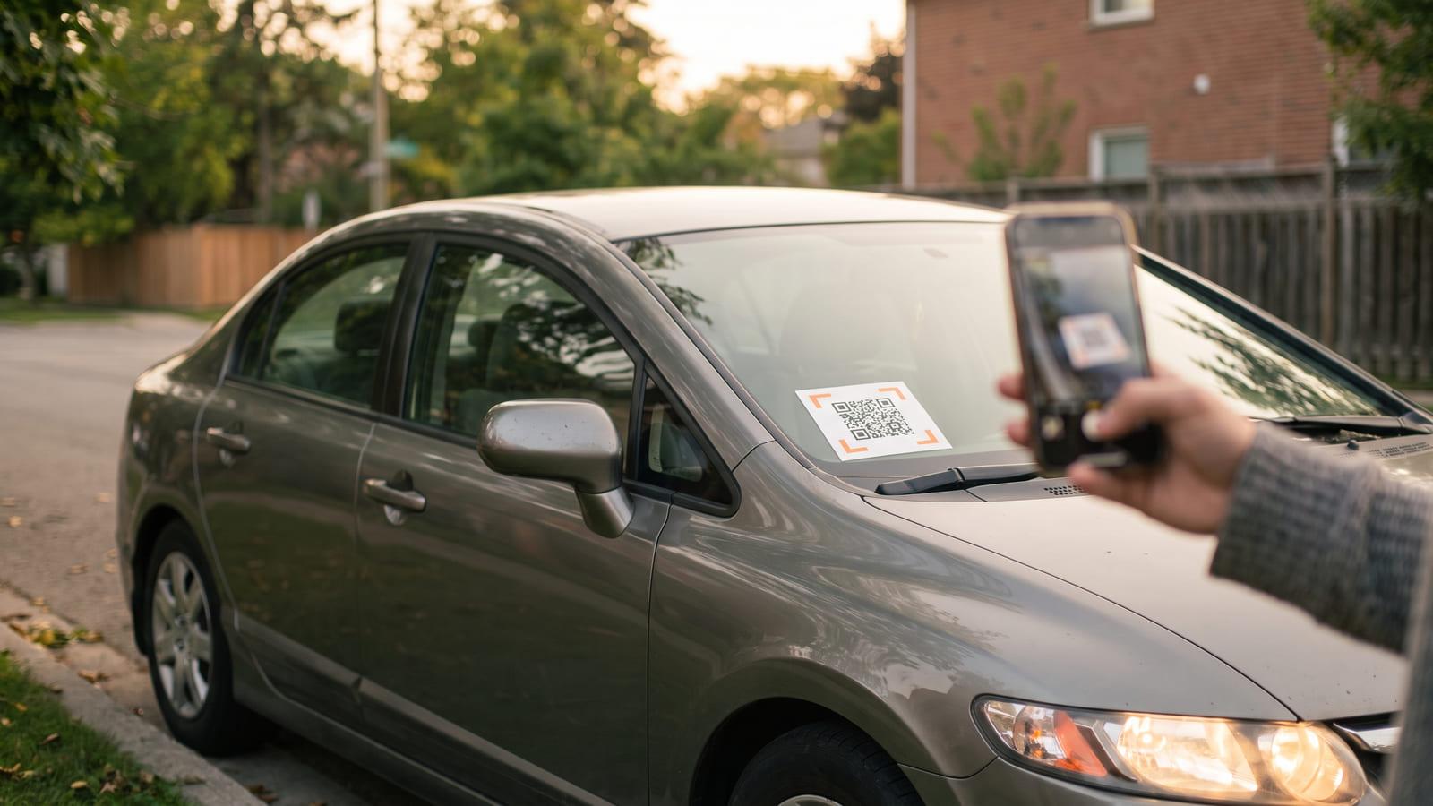 A car QR code sticker on the windshield of a parked sedan, a passer-by’s phone scanning it from the sidewalk.