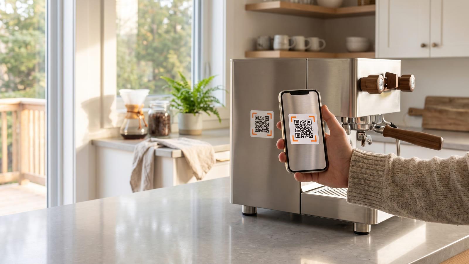 A hand holding a phone up to a home espresso machine, the camera framing the video QR code sticker on its side.