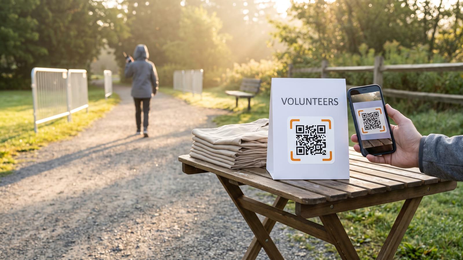 A VOLUNTEERS card with a QR code on a table at the start of a park path, a phone scanning it, and far down the path a hooded volunteer walking away with a handset raised to the head.