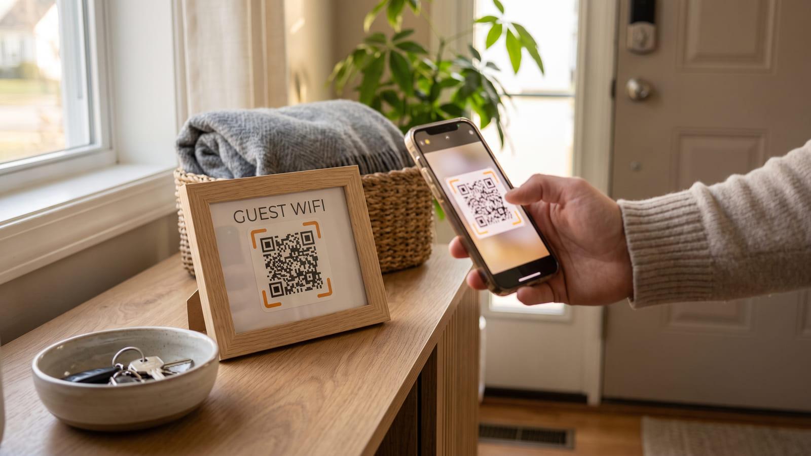 A framed guest Wi-Fi QR code on an entryway table by the front door, and a phone scanning it.